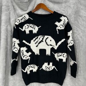 Black White Elephant Morning Apple Knit Sweater Womens Crew Neck Pullover Size S